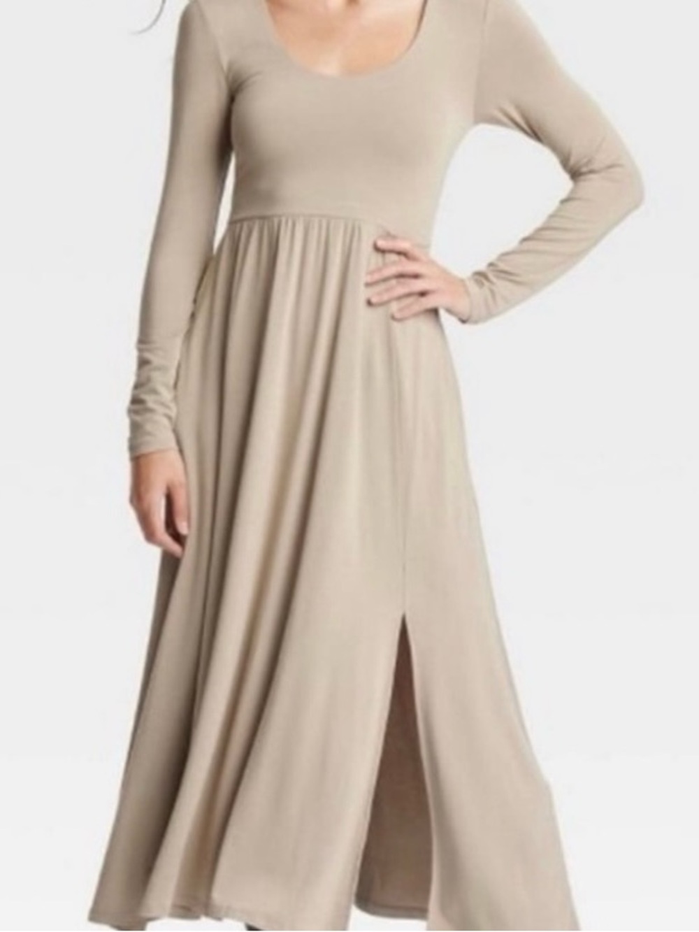 a new day Long Sleeve Scoop Neck Maxi Dress in Beige